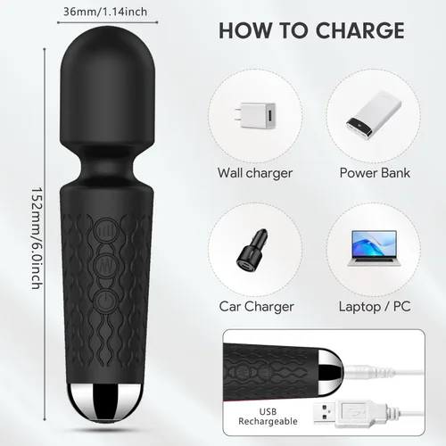 Miniatura 5 de Masajeador personal de espalda, masajeador de mano impermeable y recargable, 20 velocidades, 8 patrones, masaje de vibración, perfecto para Negro