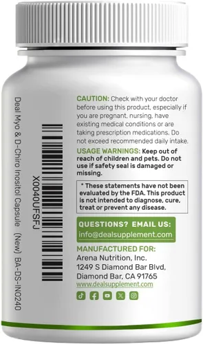 Miniatura 7 de Suplemento de Myo-Inositol y D-Chiro Inositol para Mujeres (40:1) 2,050 mg por Porción 240 Cápsulas Vegetarianas con Folato, Vitamina D3