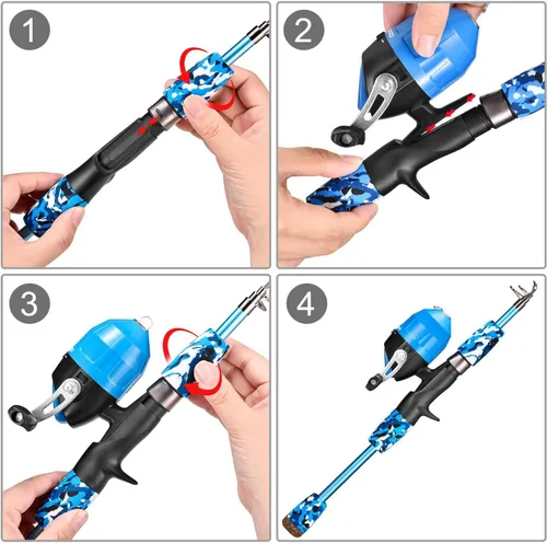 Miniatura 5 de ODDSPRO Caña de pescar para niños, color rosa, kit combinado de caña de pescar telescópica portátil y carrete - con caja de aparejos de pesca