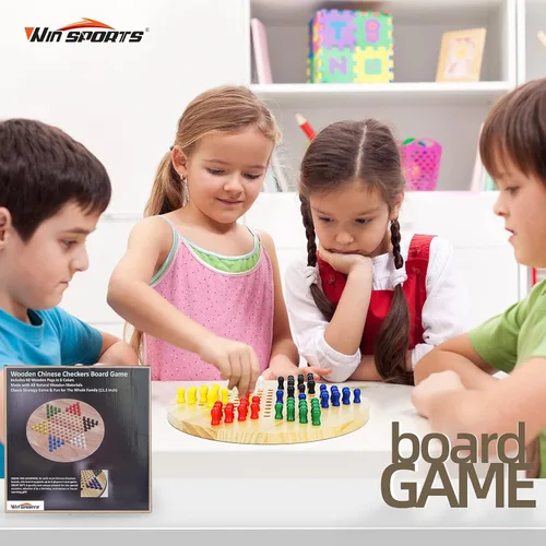 Miniatura 3 de Win SPORTS Tablero de damas chinas, juego de estrategia clásico y diversión para toda la familia, incluye 60 clavijas de madera en 6 colores, hechas