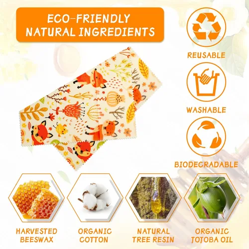 Miniatura 5 de Envoltura de cera de abeja reutilizable, paquete de 9, envolturas de cera de abejas ecológicas para alimentos, orgánica, sostenible, biodegradable