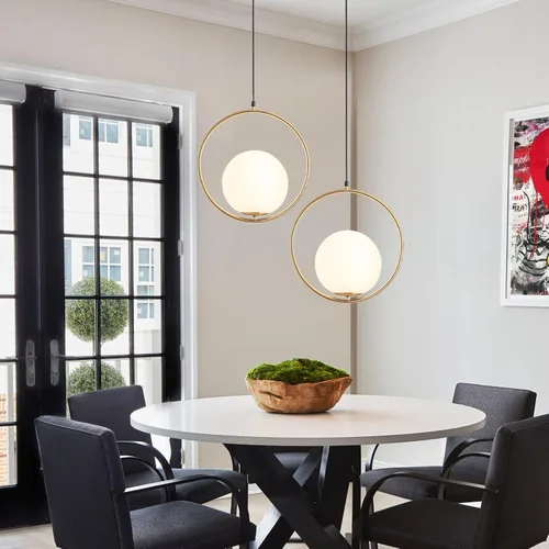 Miniatura 10 de KCO Moderna lámpara colgante de globo dorado con 1 luz individual de cristal blanco para isla de cocina, lámpara colgante ajustable de mediados