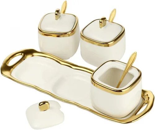 Miniatura 5 de Tarro de condimentos de porcelana con bandeja, cuchara de cerámica y tapa, recipiente de condimentos de cerámica para especias y azúcar, caja