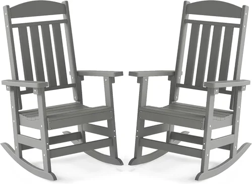 Miniatura 31 de FOOWIN Juego de sillas mecedoras de patio de 2 piezas, mecedora de porche con respaldo alto de HDPE, mecedora de porche de madera de polietileno