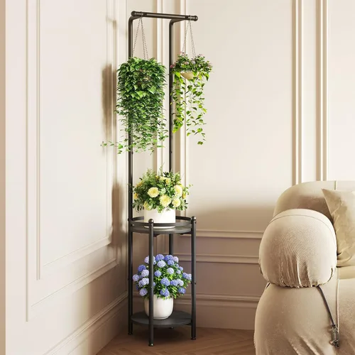 Homsorout Soporte para plantas para interiores y exteriores, soporte de metal resistente de 2 niveles para plantas colgantes de hierro que ahorra