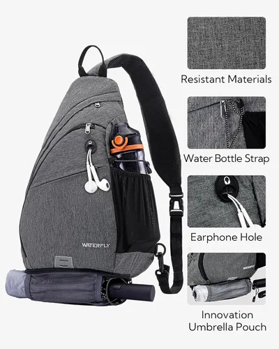 Miniatura 4 de WATERFLY - Mochila de bandolera pequeña tipo eslinga, mochila al hombro para hombres y mujeres, para viajes, ciclismo, senderismo, mochila de día