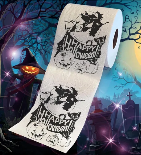 Miniatura 2 de Printed TP Papel higiénico impreso con texto en inglés "Happy Halloween", rollo de papel higiénico aterrador para sorpresa, broma, divertido regalo