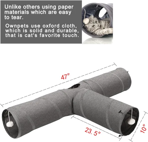 Miniatura 2 de Ownpets Túnel para gatos, túnel plegable de 3 vías, tubo para gatos de 47 pulgadas de largo con bola de felpa y juguete de plumas, túnel de juego