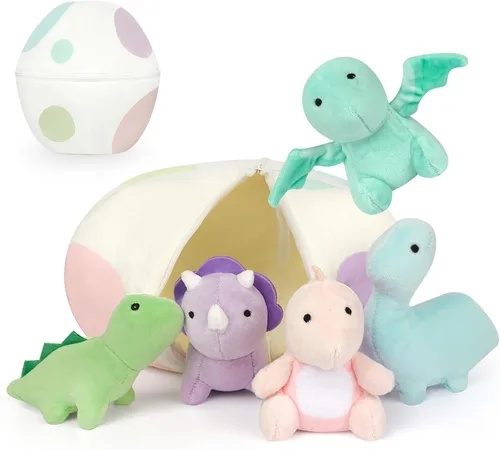 Juguetes de peluche suaves de dinosaurio, lindo huevo de dinosaurio de peluche con 5 pequeños peluches de dino para fiesta temática para niños,