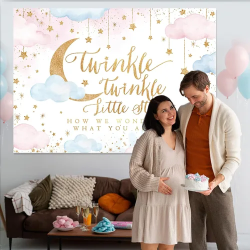 Miniatura 2 de Mocsicka Twinkle Twinkle Little Star Telón de Fondo 7x5ft Revelación de Género Niño o Niña Decoraciones de Fondo para Fiesta Rosa y Azul Nube Luna