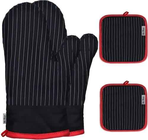Juego de manoplas de horno y soportes para ollas, guantes de horno y agarraderas con algodón de alta resistencia al calor, extra gruesos, largos,