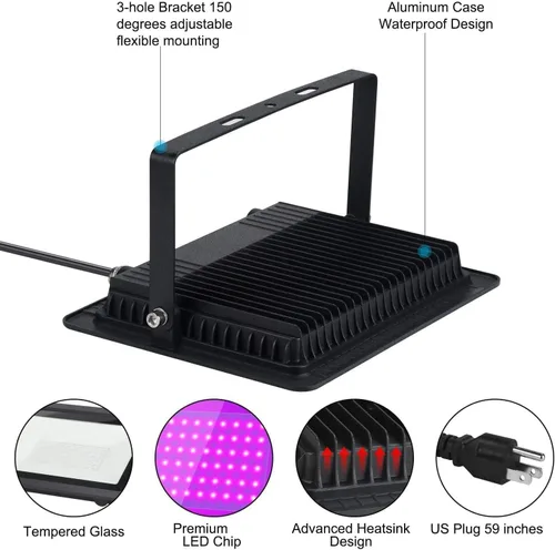 Miniatura 7 de Luces negras HWay de 100 W, luces LED negras moradas, luz de inundación con enchufe (cable de 6 pies), para fiesta de luz negra, iluminación