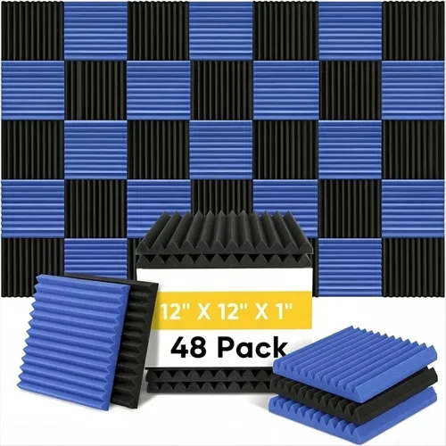 Paquete de 48 paneles acústicos de 12 x 12 x 1 pulgadas, azulejos de cuña de espuma para insonorización de estudio (24 azules + 24 negros)