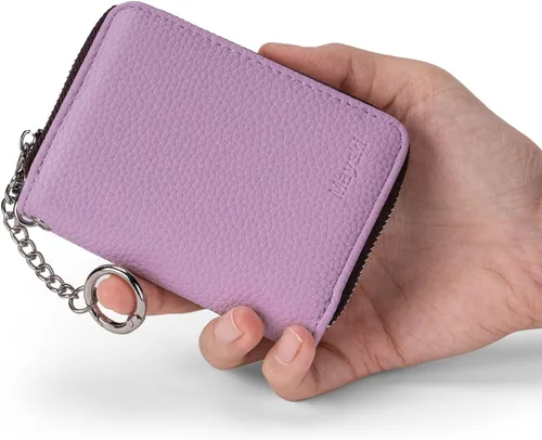 Miniatura 8 de Mayski - Titular de tarjetas de crédito, cartera de tarjetas de crédito con cremallera para mujer, pequeño tarjetero de acordeón, llavero con Púrpura