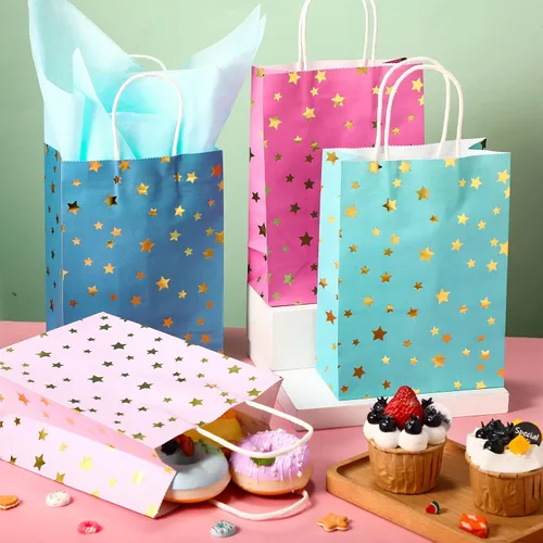 Miniatura 4 de Pajean Paquete de 32 bolsas de regalo de fiesta con temática de estrellas con asa, mini bolsas de regalo de papel kraft con pañuelos, suministros