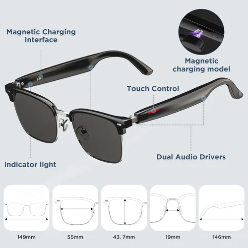 Miniatura 6 de Gafas de sol inteligentes con control de voz, llamadas manos libres y protección UV400, audio HD, micrófono integrado, tiempo de reproducción de 6