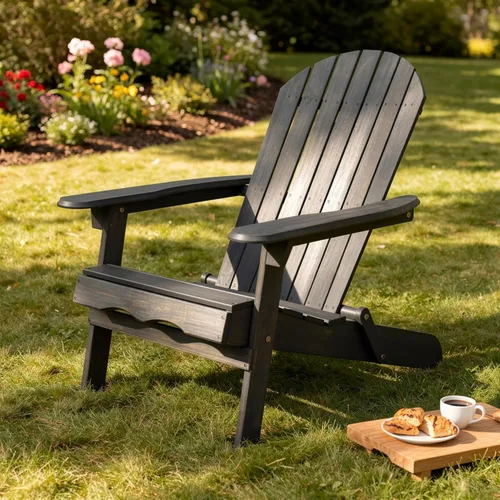 Miniatura 2 de Benjara Libo Outdoor Adirondack Chair- Gray Acacia Wood Frame- Slat Panels