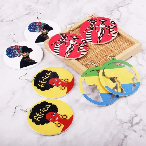 Miniatura 7 de BOMAIL - 20 pares de aretes de madera africana para mujer, redondos, pintados, con estilo étnico