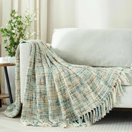 Miniatura 8 de Manta de punto trenzado multicolor azul y gris para sofá, 50 x 60 pulgadas, estilo bohemio, manta texturizada para decoración del hogar, manta