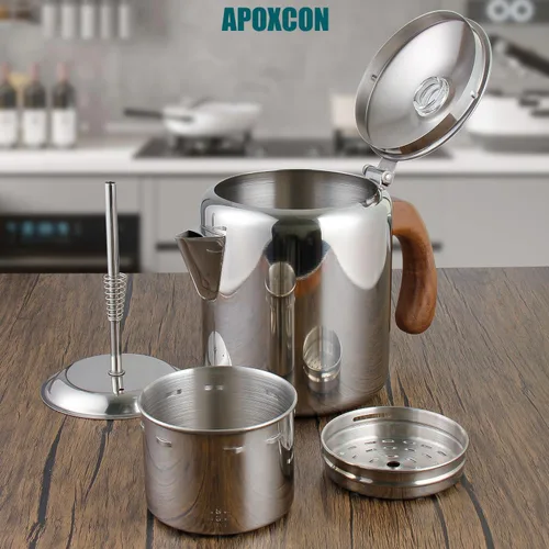 Miniatura 3 de APOXCON Cafetera de acero inoxidable con mango de madera maciza ignífuga y perilla de progreso de cerveza transparente de vidrio resistente, olla