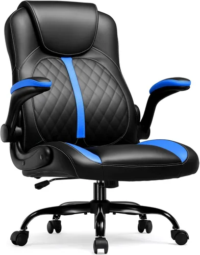 COMHOMA Silla ergonómica para juegos de oficina para adultos, con soporte lumbar, brazos abatibles, altura ajustable, ruedas giratorias de piel Azul