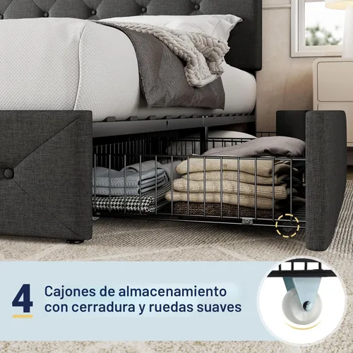 Miniatura 5 de Allewie - Base de cama con plataforma tamaño King, tapizada, con 4 cajones de almacenamiento y cabecera, botones cosidos en forma de diamante, base