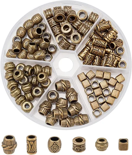 Miniatura 11 de NBEADS 80 cuentas espaciadoras de agujeros grandes estilo tibetano, 8 formas de cuentas africanas de bronce antiguo, cuentas de aleación europea