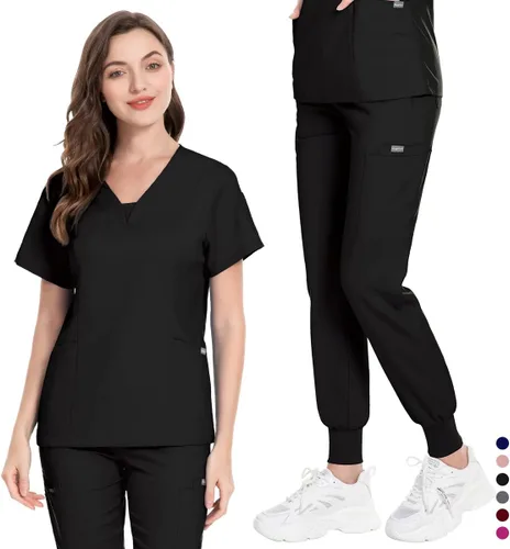 Miniatura 3 de niaahinn Conjunto de traje médico para mujer, moderno con cuello en V, pierna con cordón, pantalones deportivos, uniformes médicos de enfermería