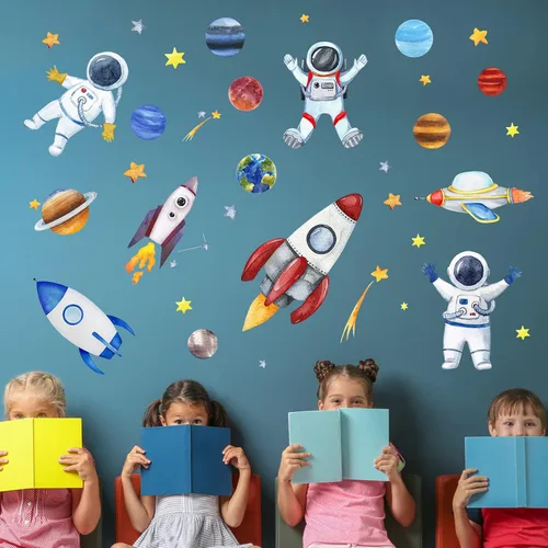 Yovkky Calcomanía de pared de astronauta espacial, nave espacial, galaxia, sistema solar, planeta, pegatina, acuarela, cohete, cosmonauta, nave