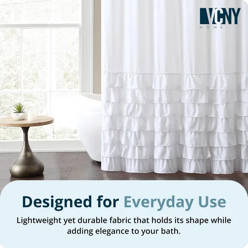 Miniatura 5 de VCNY Home Cortina de ducha de tela con volantes, color blanco melanie, 72 x 72 pulgadas, 100% poliéster, larga duración y fácil de limpiar, diseño