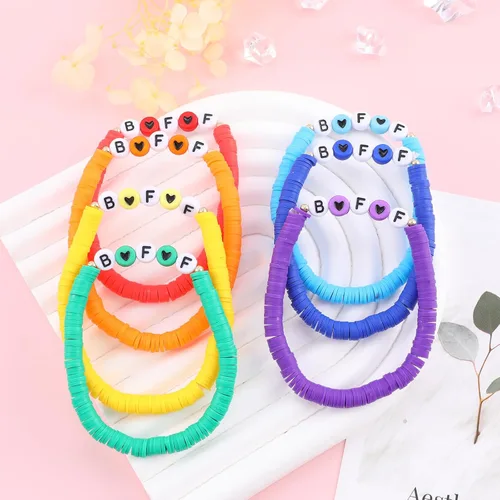 Miniatura 3 de Juego de pulseras Heishi Surfer de arcoíris para mujeres y niñas, pulseras apilables de arcilla con cuentas de disco, pulseras elásticas de disco