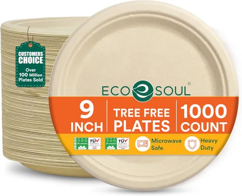 Miniatura 11 de ECO SOUL Compostable Paper Plates 9 Inch, 500 Pack – Heavy Duty Disposable Dinner Paper Plates, White Bagasse, Leak-Resistant, Microwave Safe