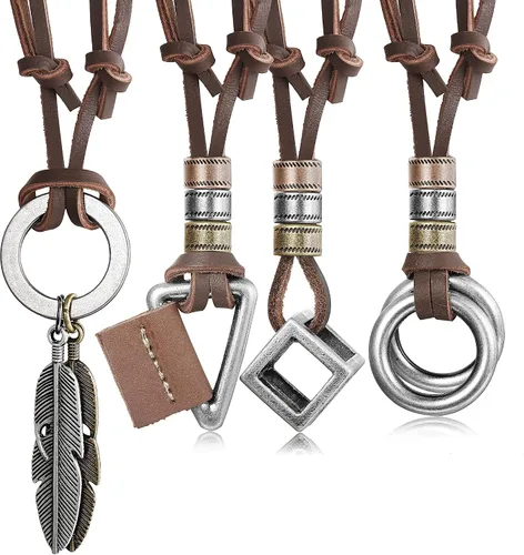 JOERICA 4 collares de cuero para hombres y mujeres, collar de cadena de cubo de plumas vintage ajustable, Cuero, Circonita cúbica