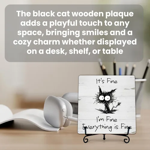 Miniatura 3 de Decoración de oficina en casa, regalos para mujeres y hombres, placa de madera humorística con soporte, decoración de escritorio de gato negro