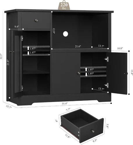 Miniatura 3 de HORSTORS Armario para microondas, armario de almacenamiento de cocina con 3 puertas y 1 cajón, aparador de buffet con estantes ajustables, soporte