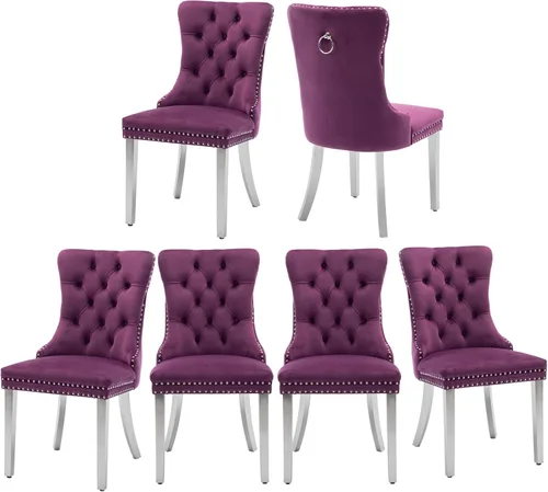 Miniatura 12 de Juego de 2 sillas de comedor, sillas de comedor tapizadas con tirador de anillo trasero, ribete de cabeza de clavo y patas de acero inoxidable Gris