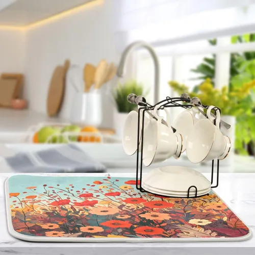 Miniatura 5 de Tapete de secado de platos de primavera naranja con flor de amapola para encimera de cocina, tapete escurridor absorbente de microfibra, tapete