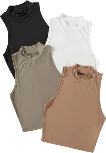 Miniatura 4 de SweatyRocks Camiseta sin mangas básica para mujer, 4 piezas, cuello alto, punto acanalado sólido