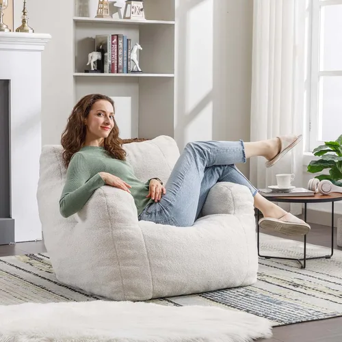 Miniatura 3 de Antetek Puf para adultos y niños, moderna silla decorativa de tela de peluche ultra suave para sala de estar, dormitorio, apartamento, marfil