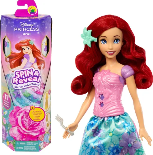 Mattel Disney Princess Ariel - Juego de muñecas de moda, gira y revela con 11 sorpresas, incluyendo 5 accesorios, 5 calcomanías y escena de juego,