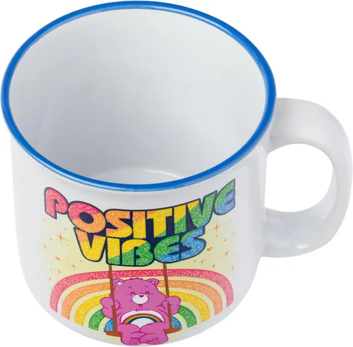 Miniatura 3 de Silver Buffalo - Taza de cerámica de campamento de Los Ositos Cariñositos con purpurina y frase «Positive Vibes» de 20 onzas Care Bears Vibes