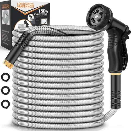 Miniatura 13 de Manguera de Jardín de Metal de 25 Pies, Manguera de Agua Resistente de Acero Inoxidable con Boquilla de 10 Funciones, Sin Torceduras, Resistente