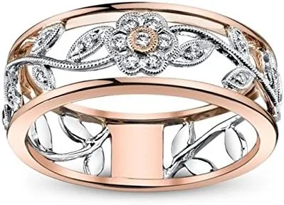 Zhx Exquisito anillo floral de plata de ley 925 para mujer, regalo de propuesta, joyería de diamantes de dos tonos, oro rosa de 18 quilates, flor de