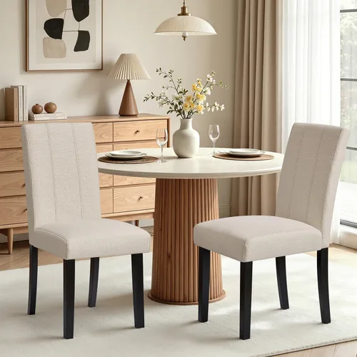 CHUN YI Juego de 2 sillas de comedor tapizadas, sillas de comedor Parsons de tela con correas elásticas y asiento de soporte de resorte, patas de