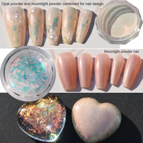 Miniatura 5 de 2 piezas de polvo de uñas de ópalo cromado holográfico luz de luna para arte de uñas con purpurina Paquete de 2 uñas cromadas en polvo de ópalo