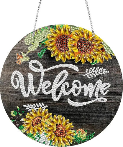 LUSandy DIY 5D Wellcome - Kit de pintura de diamante de girasol para colgar en la pared, letrero de arte de girasol, diamante, decoración colgante