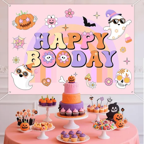 Miniatura 2 de Groovy - Decoración de fiesta de cumpleaños de Halloween, 7 x 5 pies, pancarta de fondo de feliz día de abucheo para niña, decoración bohemia arco
