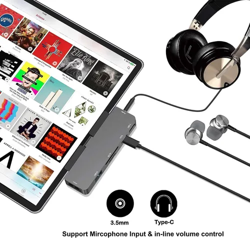 Miniatura 6 de Adaptador para iPad Pro USB C Hub M4 M2 M1/iPad Air 4/5/6/iPad Mini 6, Adaptador 7 en 1 con HDMI 4K, Jack de 3.5mm, USB 3.0, PD 100W, SD/TF, Datos