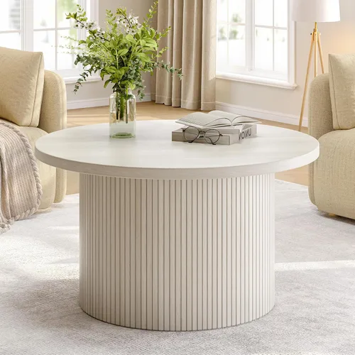 Miniatura 11 de ONBRILL Mesa de centro redonda de 31.5 pulgadas, mesas de centro con diseño de tambor para sala de estar, mesa de centro de madera moderna de Negro