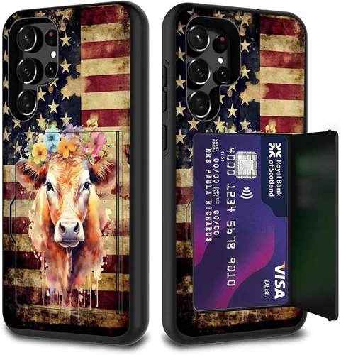 Miniatura 104 de Funda híbrida de doble capa con función atril para Samsung Galaxy A16 5G de 6.9 pulgadas, diseño de vaca con bandera estadounidense